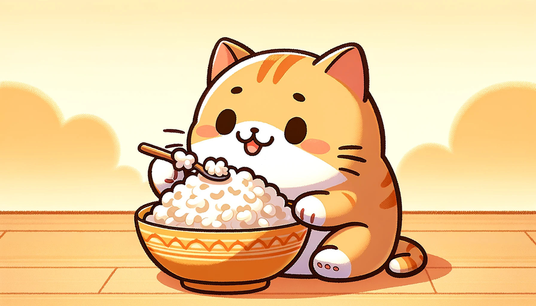 cat eating rice